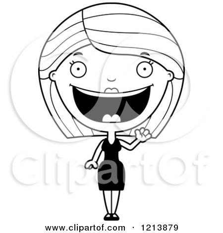 Cartoon of a Black and White Friendly Waving Woman in a Black Dress - Royalty Free Vector Clipart by Cory Thoman