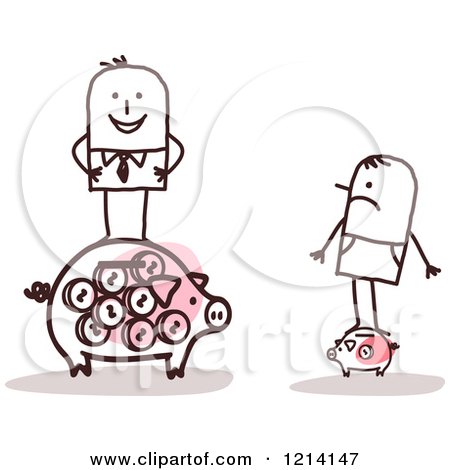 Clipart of Poor and Rich Stick People Men Standing on Piggy Banks - Royalty Free Vector Illustration by NL shop