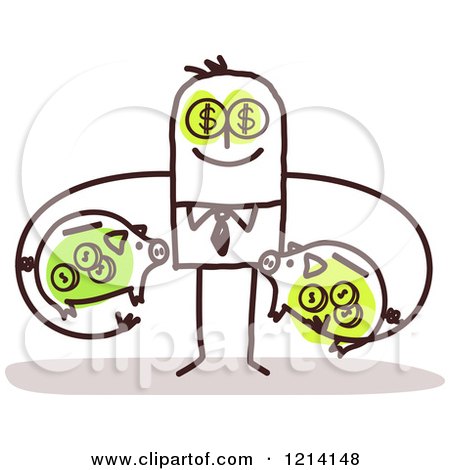 Clipart of a Stick People Business Man Investor Holding Dollar Piggy Banks - Royalty Free Vector Illustration by NL shop