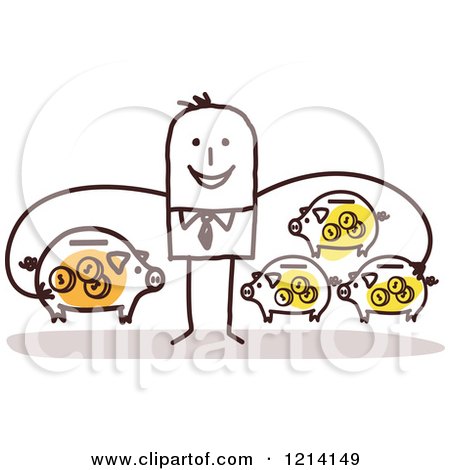 Clipart of a Stick People Business Man Investor Holding Piggy Banks - Royalty Free Vector Illustration by NL shop