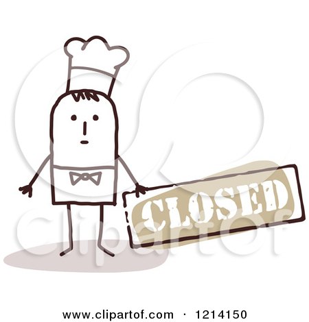 Clipart of a Stick People Business Man Chef Holding a Closed Sign - Royalty Free Vector Illustration by NL shop