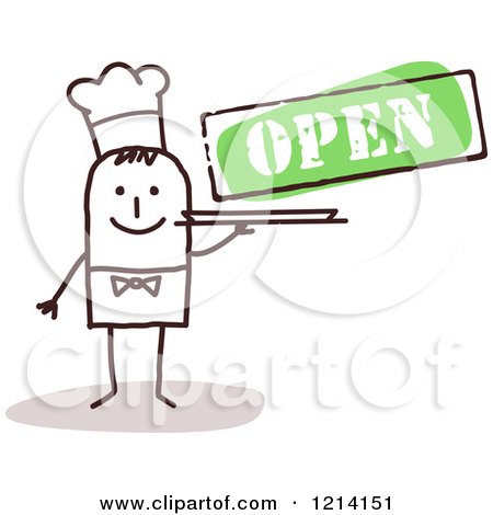 Clipart of a Stick People Business Man Chef Under an Open Sign - Royalty Free Vector Illustration by NL shop