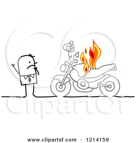 Clipart of a Stick People Business Man by a Burning Motorcycle - Royalty Free Vector Illustration by NL shop