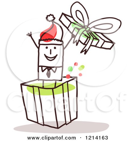 Clipart of a Stick People Business Man Popping out of a Christmas Gift Box - Royalty Free Vector Illustration by NL shop