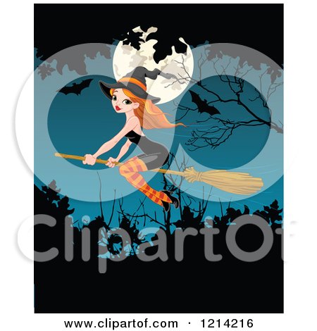 Clipart of a Pretty Red Head Witch Flying over a Full Moon and Silhouetted Shrubs - Royalty Free Vector Illustration by Pushkin