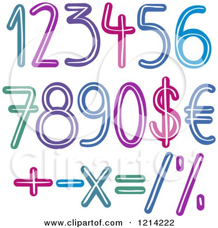 Clipart of Colorful Brush Stroked Numbers Currency and Math Symbols - Royalty Free Vector Illustration by yayayoyo