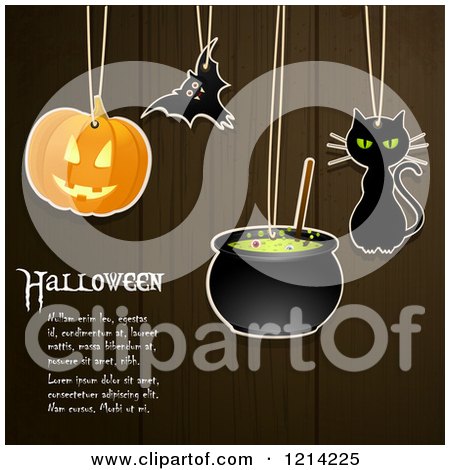Clipart of Suspended Halloween Labels over Dark Wood Panels and Sample Text - Royalty Free Vector Illustration by elaineitalia