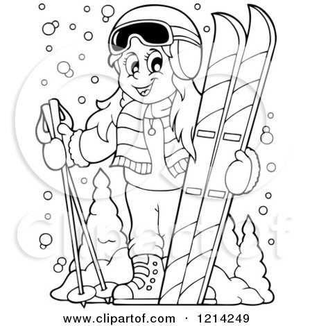 Clipart of an Outlined Happy Cartoon Girl with Ski Gear - Royalty Free Vector Illustration by visekart