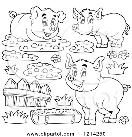 Clipart of Outlined Happy Pigs with Mud a Fence and Slop - Royalty Free Vector Illustration by visekart