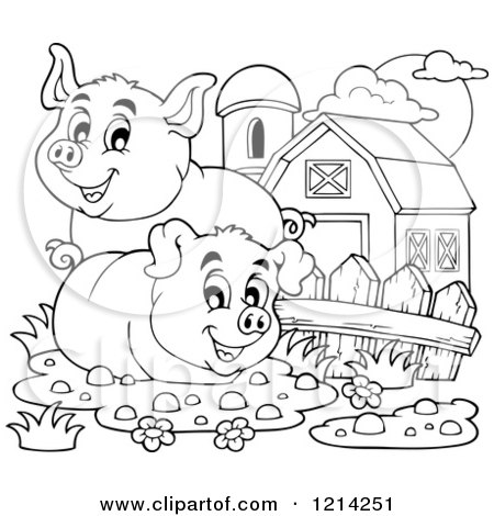 Clipart of Outlined Happy Pigs in a Barnyard - Royalty Free Vector Illustration by visekart