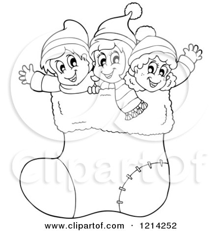 Clipart of Outlined Happy Cartoon Children Waving in a Giant Christmas Stocking - Royalty Free Vector Illustration by visekart