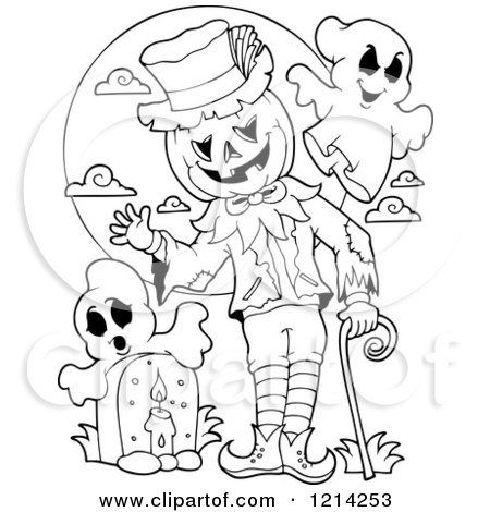 Clipart of an Outlined Waving Halloween Jackolantern Man with Ghosts Against a Moon in a Cemetery - Royalty Free Vector Illustration by visekart