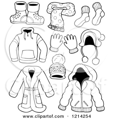 Clipart of Outlined Winter Clothing Apparel and Accessories - Royalty Free Vector Illustration by visekart