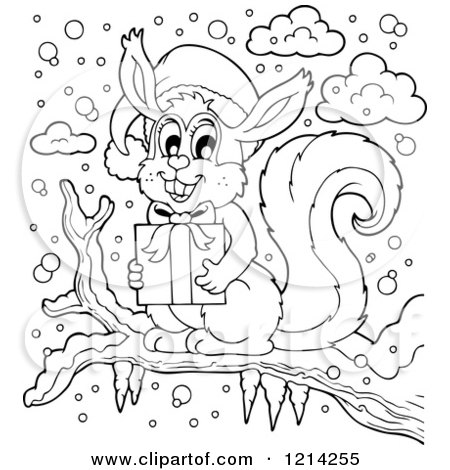 Clipart of an Outlined Cartoon Christmas Squirrel Holding a Gift on a Branch in the Snow - Royalty Free Vector Illustration by visekart