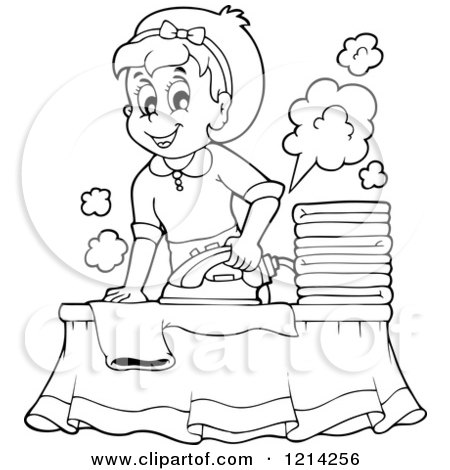 Clipart of an Outlined Cartoon Happy Housewife Ironing Laundry - Royalty Free Vector Illustration by visekart