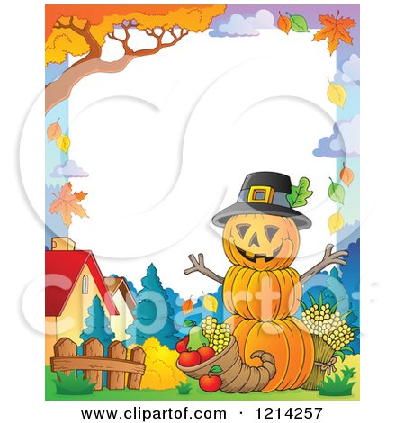 Clipart of a Thanksgiving Pumpkin Man with a Cornucopia Border - Royalty Free Vector Illustration by visekart