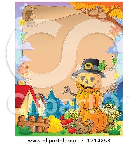 Clipart of a Parchment with Copyspace, a Thanksgiving Pumpkin Man and a Cornucopia - Royalty Free Vector Illustration by visekart