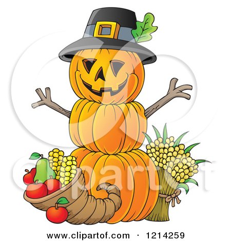 Clipart of a Thanksgiving Pumpkin Man with a Cornucopia - Royalty Free Vector Illustration by visekart