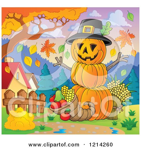 Clipart of a Thanksgiving Pumpkin Man with a Cornucopia in a Meadow - Royalty Free Vector Illustration by visekart