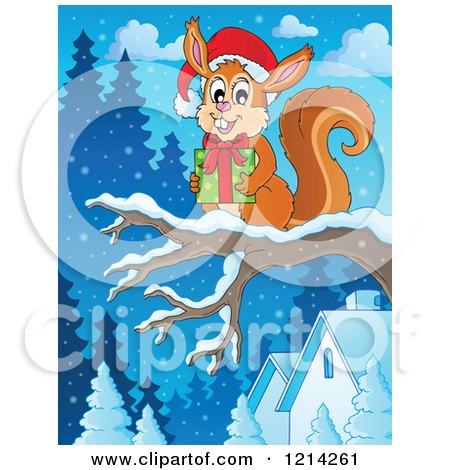 Clipart of a Cartoon Christmas Squirrel Holding a Present on a Branch in the Snow - Royalty Free Vector Illustration by visekart
