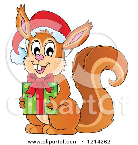 Clipart of a Cartoon Christmas Squirrel Holding a Present - Royalty Free Vector Illustration by visekart