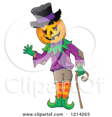 Clipart of a Waving Halloween Jackolantern Man with a Cane - Royalty Free Vector Illustration by visekart
