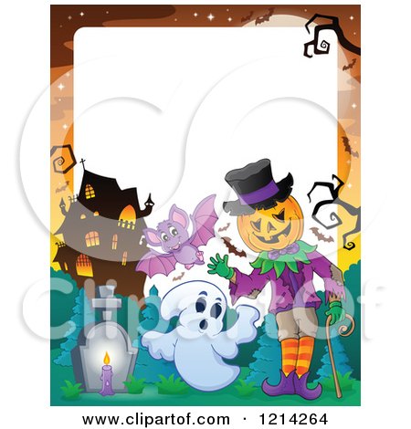 Clipart of a Border of a Waving Halloween Jackolantern Man with Ghosts and a Bat in a Haunted House Cemetery - Royalty Free Vector Illustration by visekart