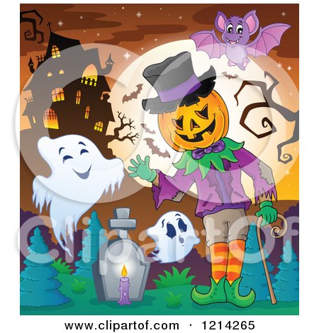 Clipart of a Waving Halloween Jackolantern Man with Ghosts and a Bat in a Haunted House Cemetery - Royalty Free Vector Illustration by visekart