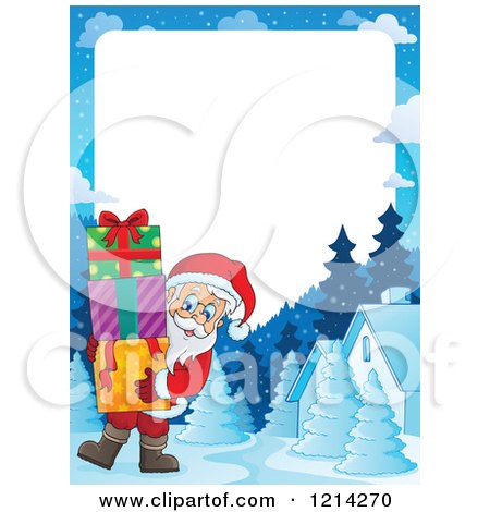 Clipart of a Border with Santa Carrying Christmas Presents - Royalty Free Vector Illustration by visekart