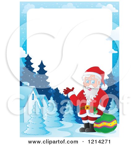 Clipart of a Border with Santa Holding a Sack in a Winter Village - Royalty Free Vector Illustration by visekart