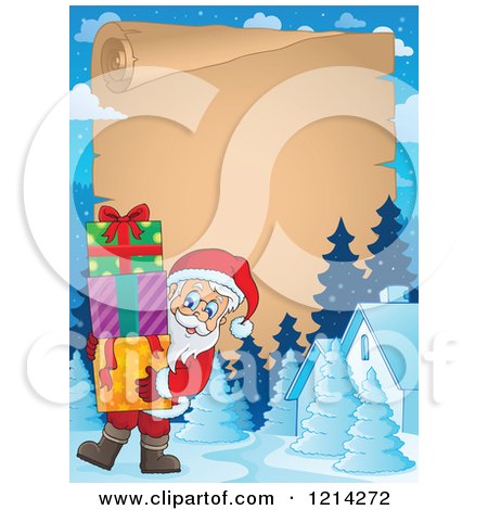 Clipart of a Parchment Bordered with Santa Carrying Christmas Presents - Royalty Free Vector Illustration by visekart