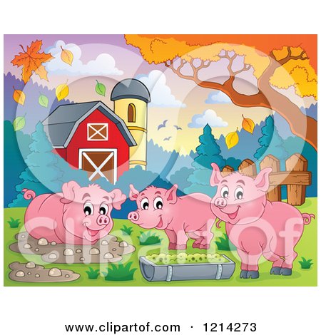 Clipart of Happy Pigs in a Barnyard - Royalty Free Vector Illustration by visekart