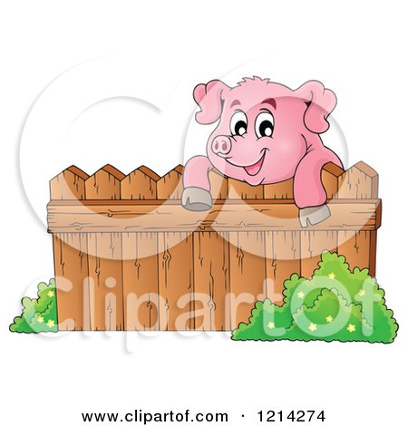 Clipart of a Happy Pig Looking over a Fence - Royalty Free Vector Illustration by visekart