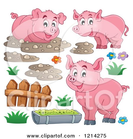 Clipart of Happy Pigs with Mud a Fence and Slop - Royalty Free Vector Illustration by visekart