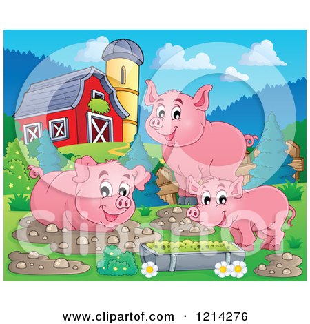 Clipart of Happy Pigs with Mud Puddles and Food in a Barnyard - Royalty Free Vector Illustration by visekart