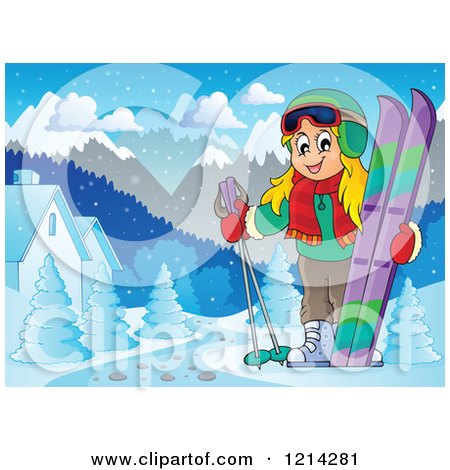 Clipart of a Happy Blond Cartoon Girl with Ski Gear in a Snowy Village - Royalty Free Vector Illustration by visekart