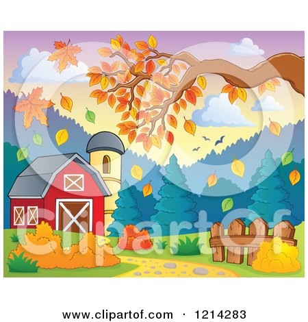 Clipart of a Barn and Silo with Autumn Leaves and Tree Branches - Royalty Free Vector Illustration by visekart