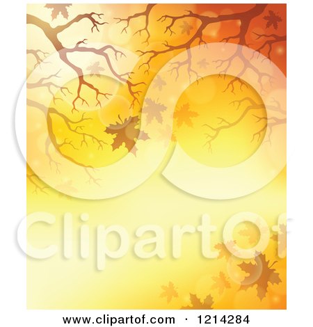 Clipart of a Background of Golden Light with Branches and Autumn Leaves - Royalty Free Vector Illustration by visekart