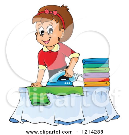Clipart of a Cartoon Happy Housewife Ironing Laundry - Royalty Free Vector Illustration by visekart