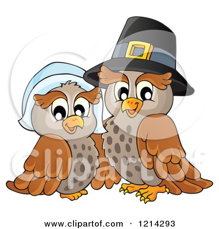 Clipart of an Owl Thanksgiving Pilgrim Couple - Royalty Free Vector Illustration by visekart