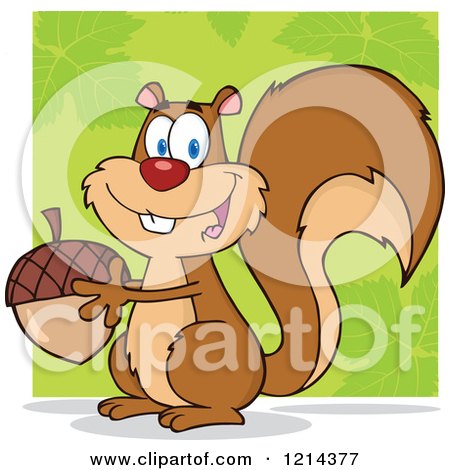Cartoon of a Happy Squirrel Holding an Acorn over Green - Royalty Free Vector Clipart by Hit Toon