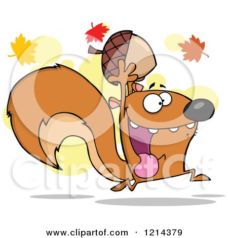 Cartoon of a Hyper Squirrel Holding an Acorn Under Autumn Leaves - Royalty Free Vector Clipart by Hit Toon