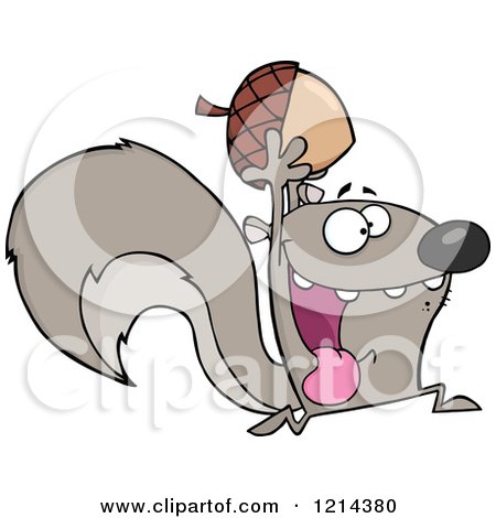 Cartoon of a Hyper Gray Squirrel Holding an Acorn - Royalty Free Vector Clipart by Hit Toon
