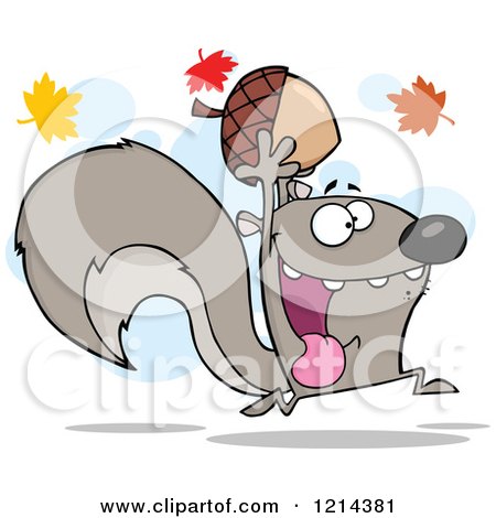 Cartoon of a Hyper Gray Squirrel Holding an Acorn Under Autumn Leaves - Royalty Free Vector Clipart by Hit Toon
