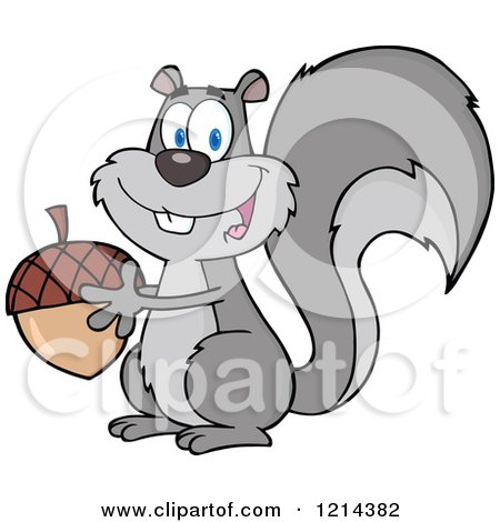 Cartoon of a Happy Gray Squirrel Holding an Acorn - Royalty Free Vector Clipart by Hit Toon