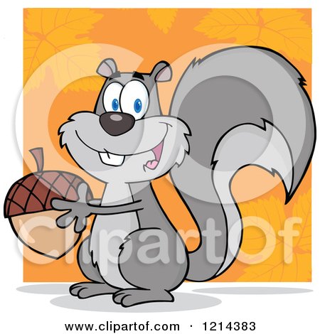 Cartoon of a Happy Gray Squirrel Holding an Acorn over Orange - Royalty Free Vector Clipart by Hit Toon