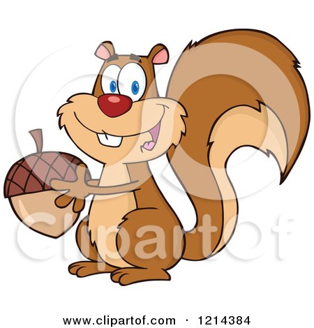 Cartoon of a Happy Squirrel Holding an Acorn - Royalty Free Vector Clipart by Hit Toon