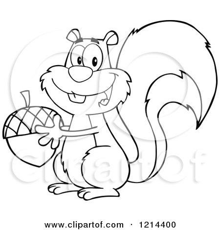 Cartoon of an Outlined Happy Squirrel Holding an Acorn - Royalty Free Vector Clipart by Hit Toon