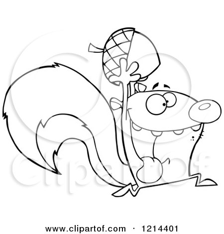 Cartoon of an Outlined Hyper Squirrel Holding an Acorn - Royalty Free Vector Clipart by Hit Toon