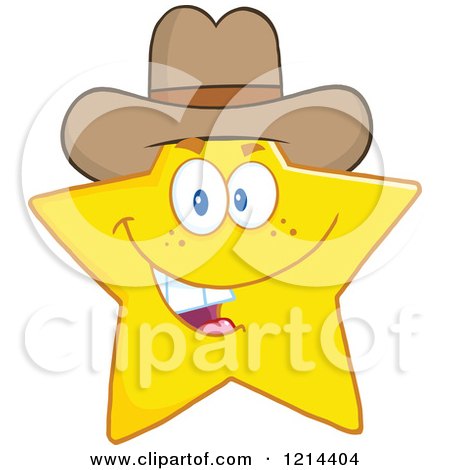 Cartoon of a Happy Yellow Star Mascot Wearing a Cowboy Hat - Royalty Free Vector Clipart by Hit Toon